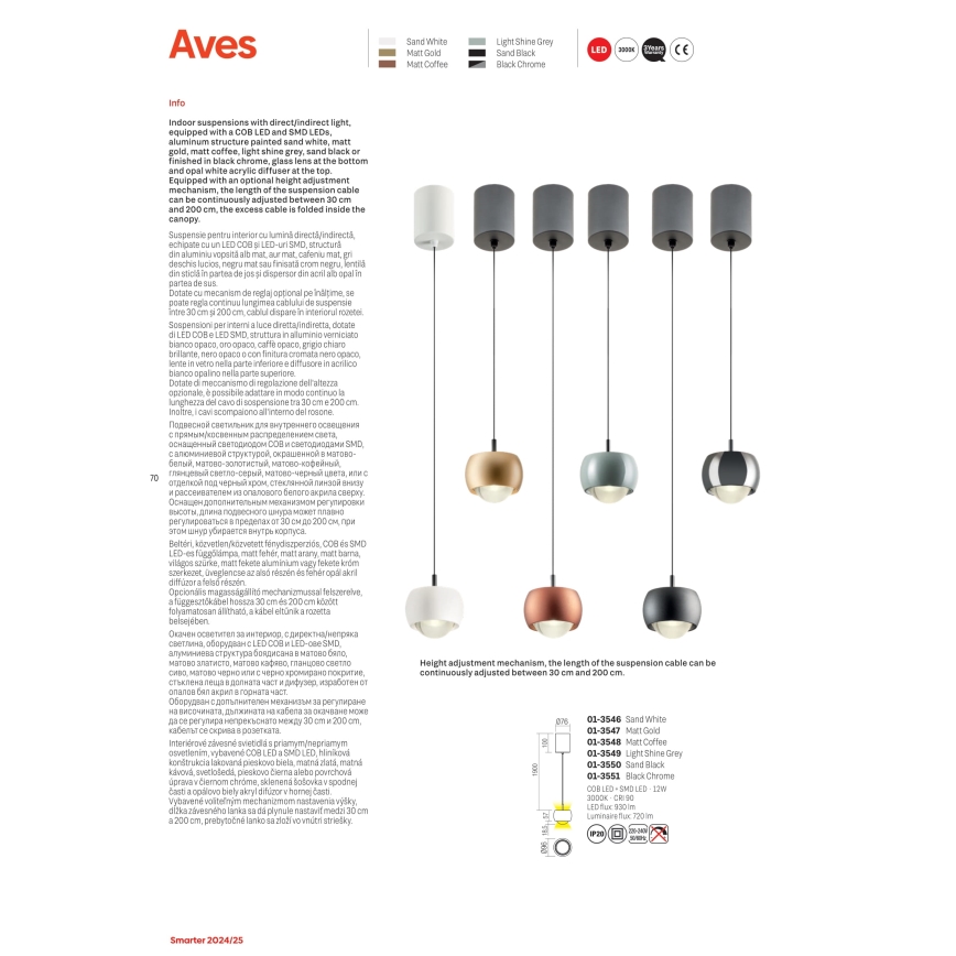 Redo 01-3548 - LED-kattokruunu johdossa AVES LED/12W/230V halkaisija 9,6 cm CRI 90 kupari
