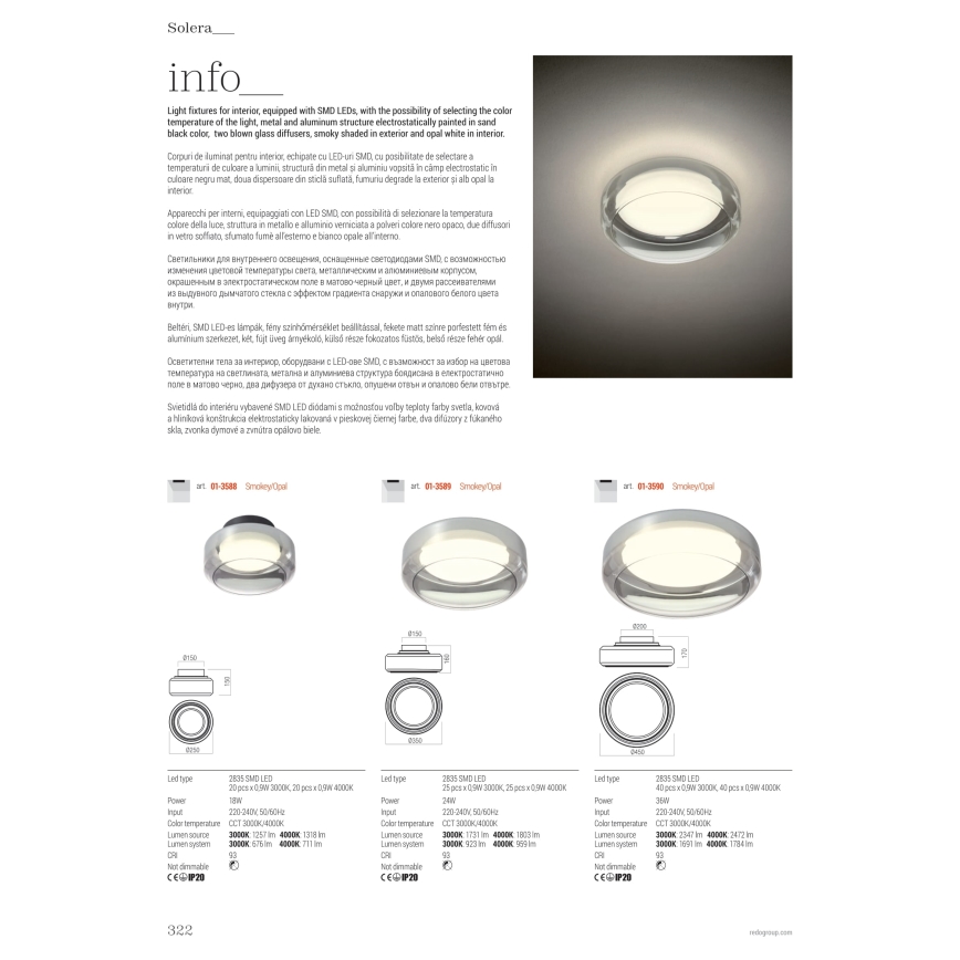 Redo 01-3590 - LED-kattovalaisin SOLERA LED/36W/230V halkaisija 45 cm CRI 93 3000/4000K harmaa