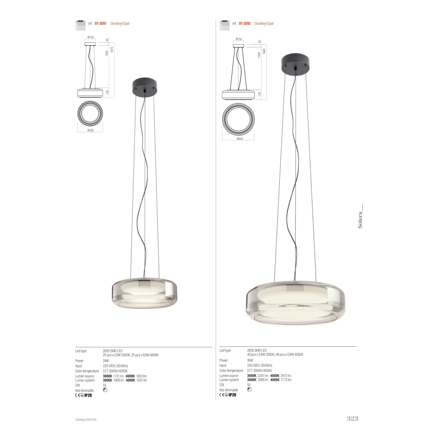 Redo 01-3592 - LED-kattokruunu johdossa SOLERA LED/36W/230V halkaisija 45 cm CRI 93 3000/4000K harmaa