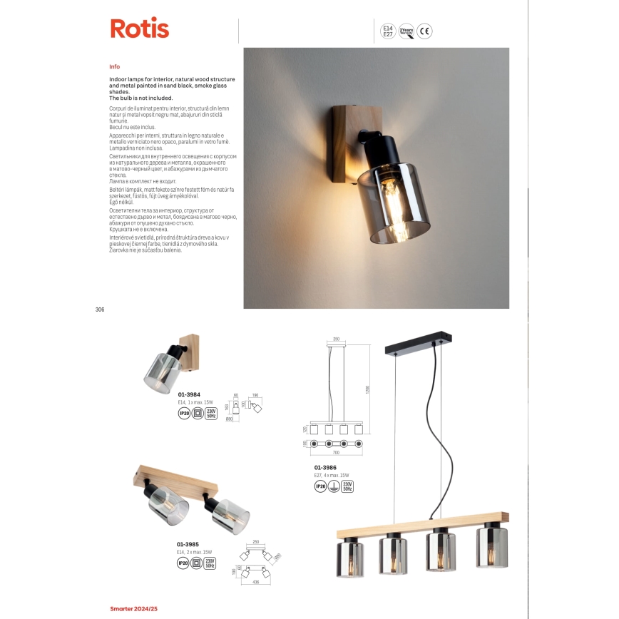 Redo 01-3986 - Kattokruunu johdossa ROTIS 4xE27/15W/230V