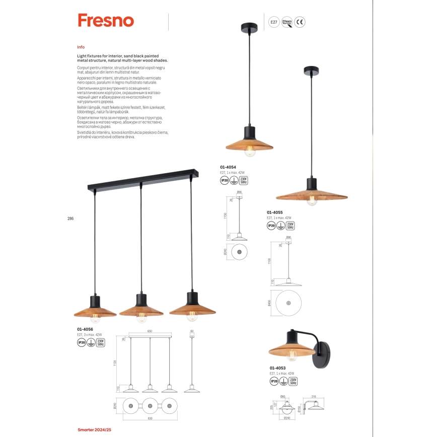 Redo 01-4054 - Kattokruunu johdossa FRESNO 1xE27/42W/230V halkaisija 24 cm