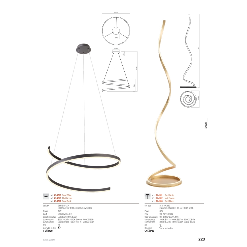 Redo 01-4283 - himmennettävä LED-lattiavalaisin SCROLL LED/30W/230V 3000K/4000K/6000K CRI 90 musta