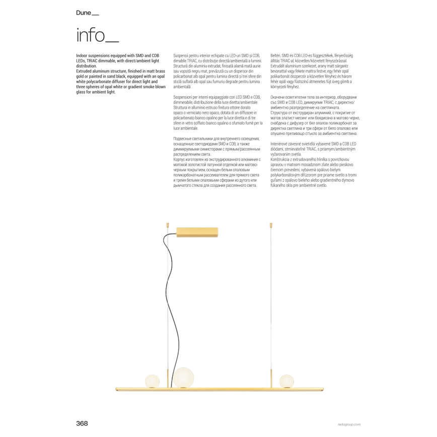 Redo 01-4301 - DUNE himmennettävä LED-riippuvalaisin vaijerilla LED/48W/230V 3000K CRI 90 valkoinen/kultainen