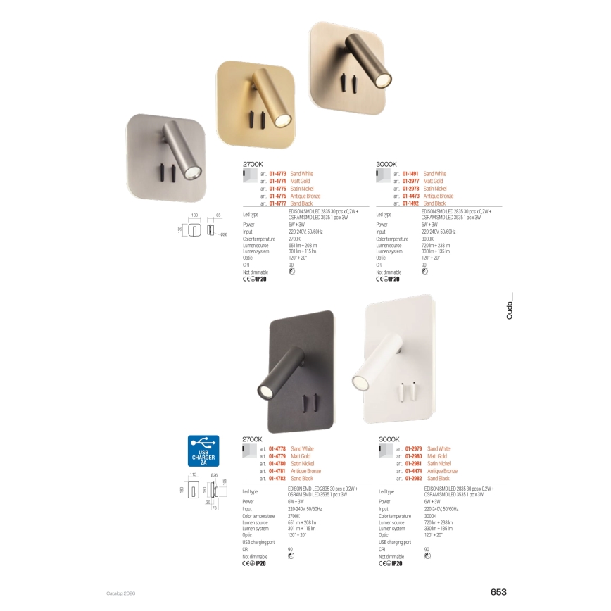 Redo 01-4473 - QUDA LED-seinävalaisin, LED 6W/230V + LED 3W, CRI 90, USB, pronssinvärinen