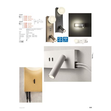 Redo 01-4660 - NORMA LED-seinävalaisin LED/5W/230V + LED/3W CRI 90 USB, valkoinen