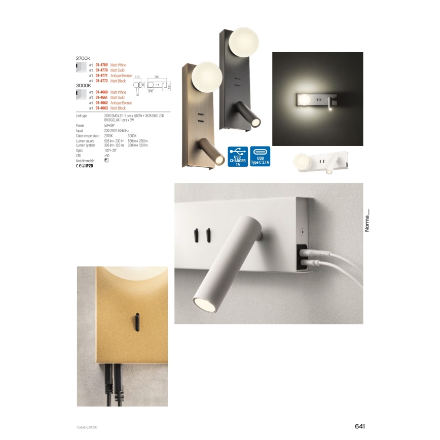 Redo 01-4660 - NORMA LED-seinävalaisin LED/5W/230V + LED/3W CRI 90 USB, valkoinen