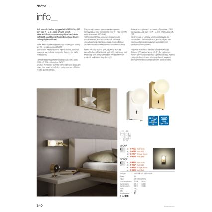 Redo 01-4661 - LED-seinävalaisin NORMA LED/5W/230V + LED/3W CRI 90 USB valkoinen/kultainen