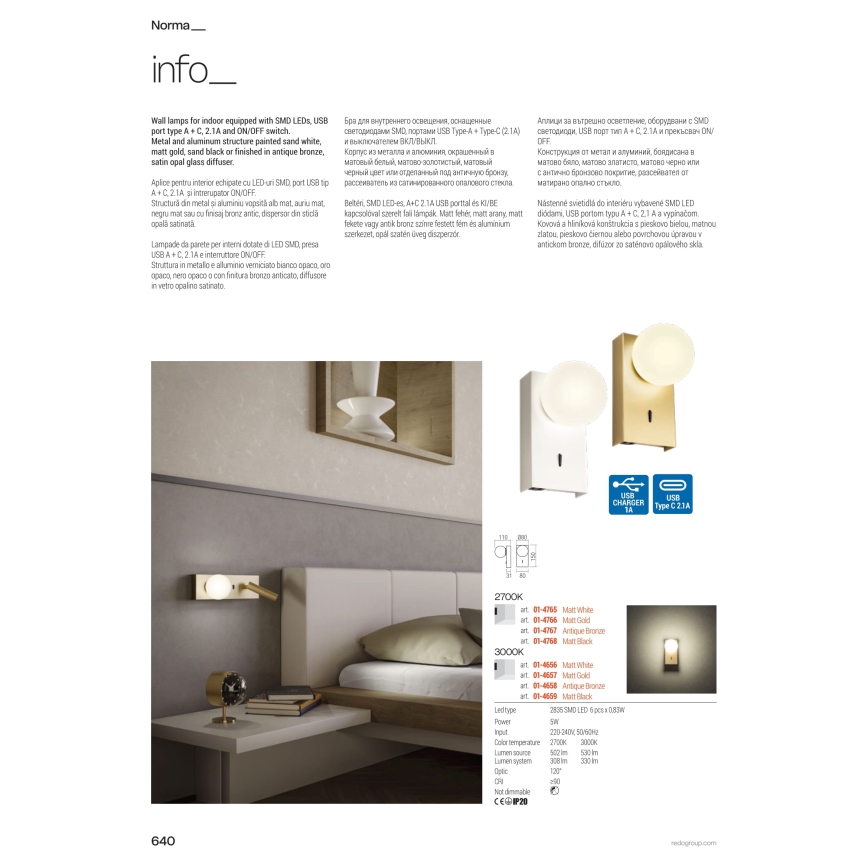 Redo 01-4662 - NORMA LED-seinävalaisin LED/5W/230V + LED/3W CRI 90 USB valkoinen/pronssi