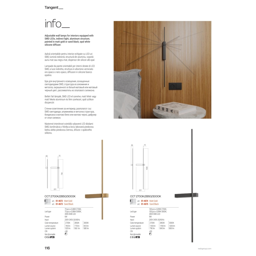 Redo 01-4675 - LED-seinävalaisin TANGENT LED/9W/230V 2700/2850/3000K CRI 90 musta