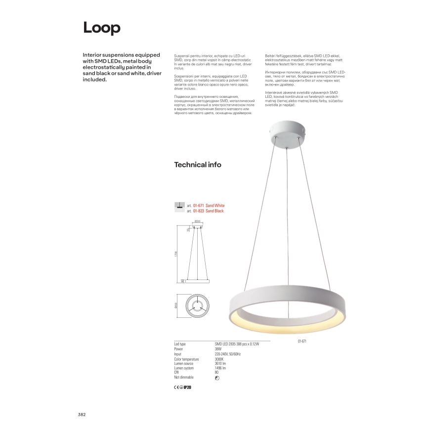 Redo 01-672 - LED-kattokruunu johdossa LOOP LED/48W/230V halkaisija 60 cm valkoinen