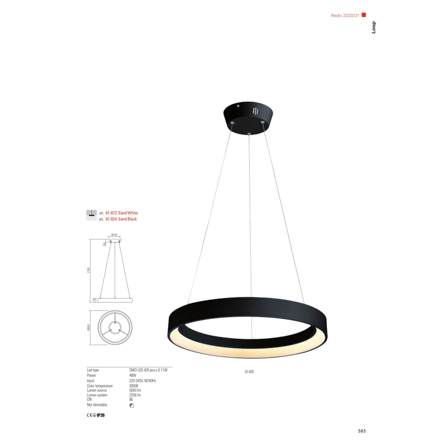 Redo 01-672 - LED-kattokruunu johdossa LOOP LED/48W/230V halkaisija 60 cm valkoinen