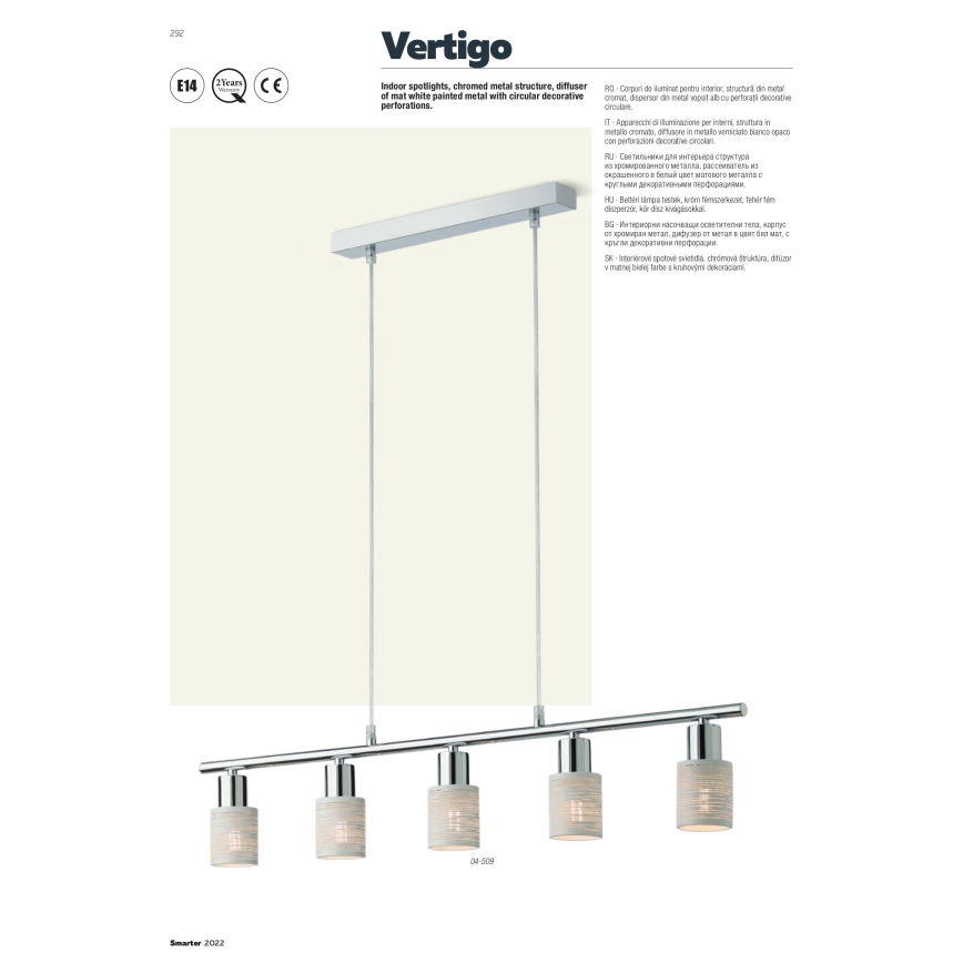 Redo 04-509 - Riippuvalaisin kaapelilla VERTIGO 5xE14/28W/230V kiiltävä kromi/valkoinen