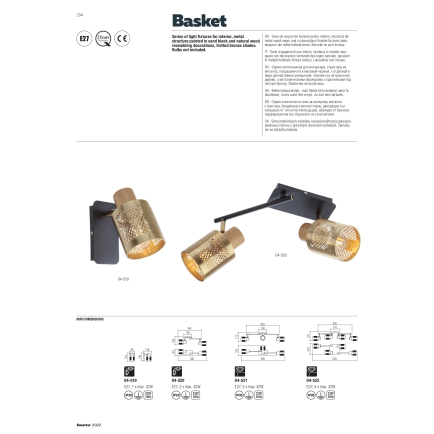 Redo 04-522 - Pinta-asennettava kattokruunu BASKET 4xE27/42W/230V pronssi