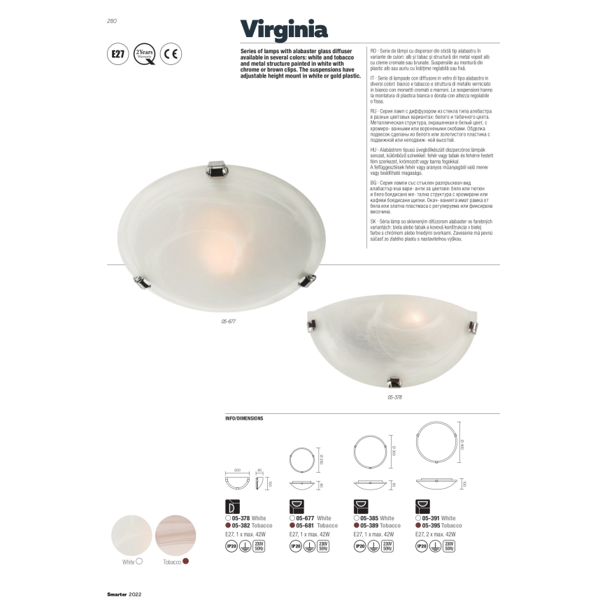 Redo 05-391 - Kattovalo VIRGINIA 2xE27/42W/230V halkaisija 40 cm valkoinen
