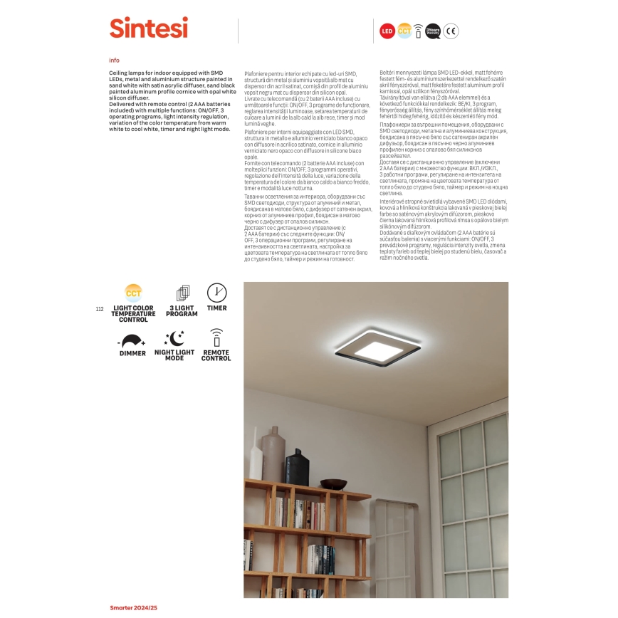 Redo 05-961 - Himmennettävä LED-kattovalaisin SINTESI LED/53W/230V 45x45 cm 3000-6000K + kauko-ohjaus