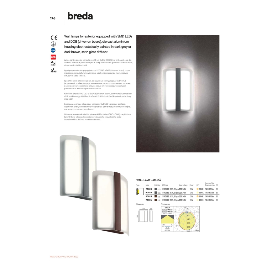 Redo 90023 - LED-ulkoseinävalaisin BREDA 1xLED/12W/230V IP54
