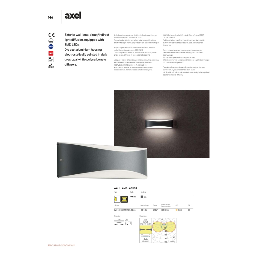 Redo 90126 - LED-ulkoseinävalaisin AXEL LED/7W/230V 3000 IP65 antrasiitti