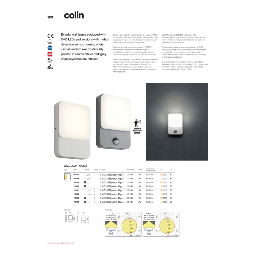 Redo 90133 - LED-ulkoseinävalaisin anturilla COLIN 1xLED/9W/230V IP54