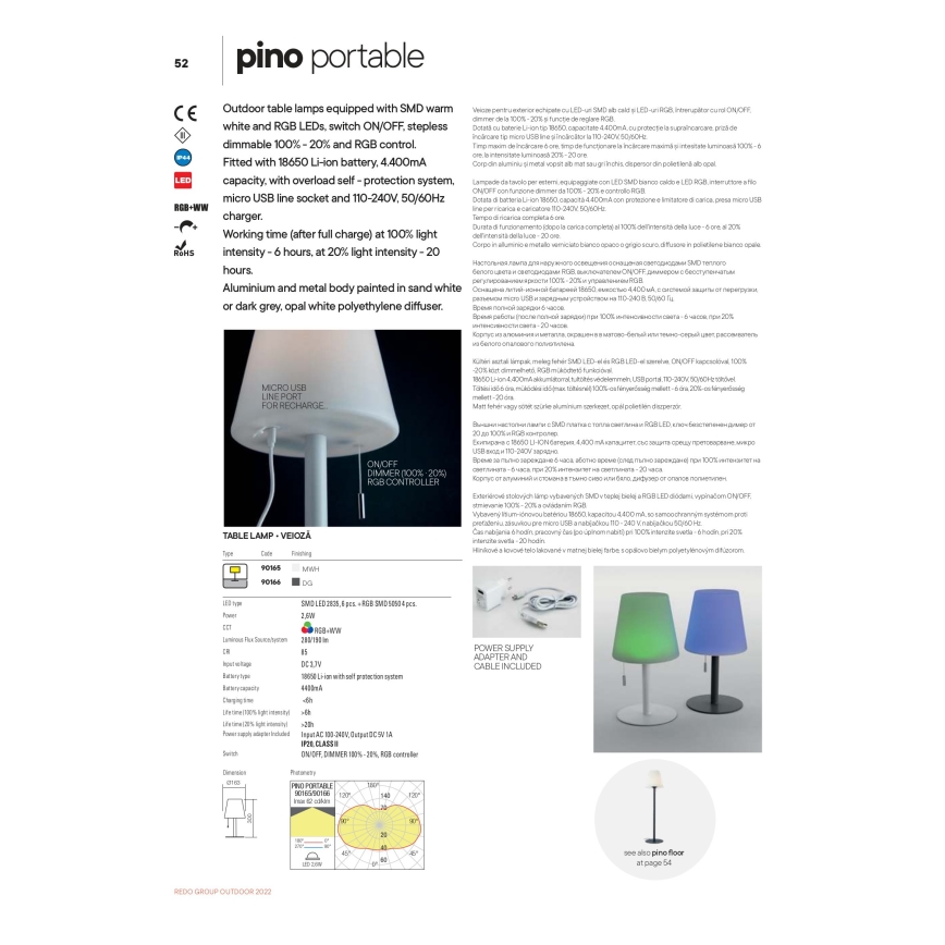 Redo 90166 - LED RGB ulkokäyttöinen himmennettävä pöytävalaisin PINO LED/2,6W/230V 4400 mAh IP44