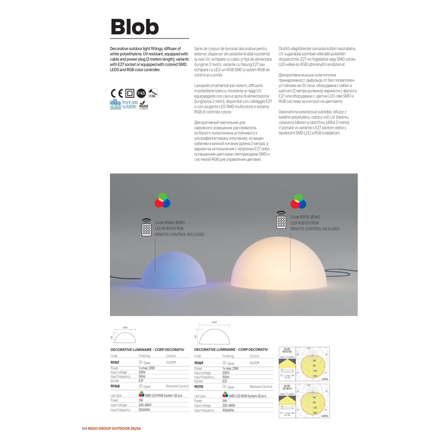 Redo 90169 - Ulkovalaisin BLOB 1xE27/23W/230V Ø 56 cm IP65 valkoinen