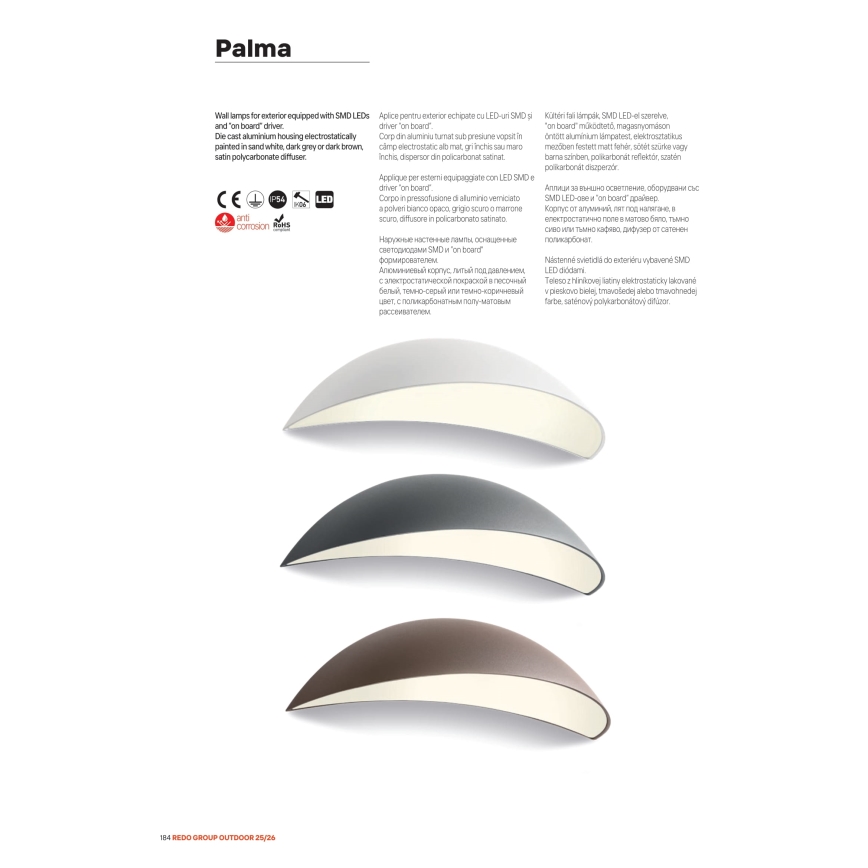 Redo 90235 - LED Ulkoseinävalaisin PALMA LED/18W/230V 3000K IP54 antrasiitti