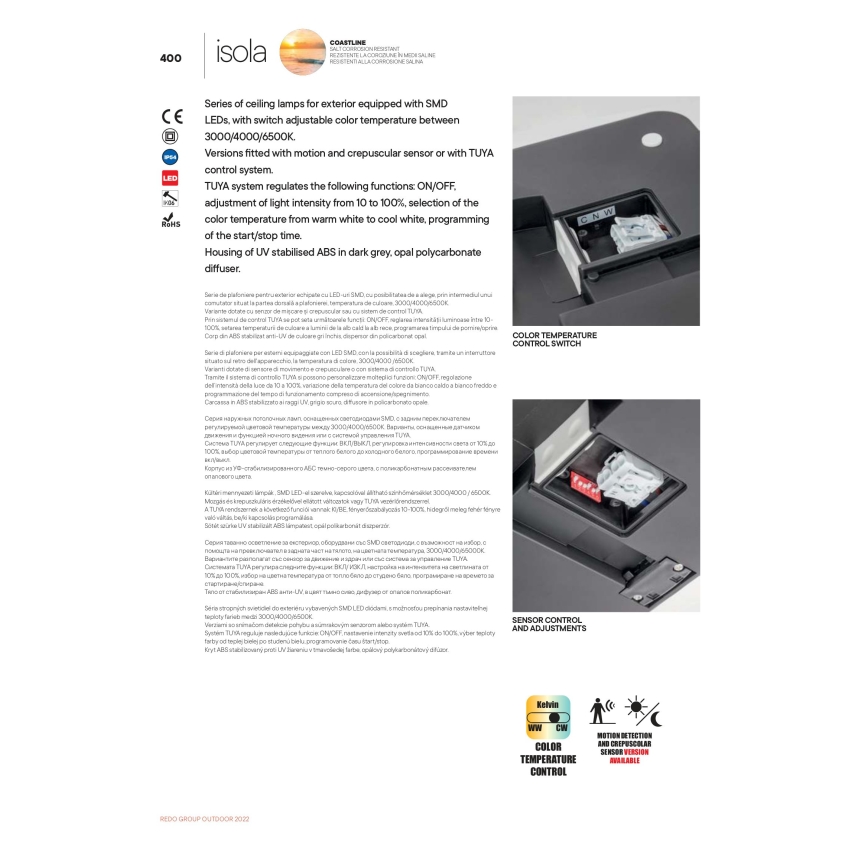 Redo 90290 - LED-ulkokattovalaisin anturilla ISOLA LED/24W/230V halkaisija 26 cm 3000/4000/6500K IP54 antrasiitti