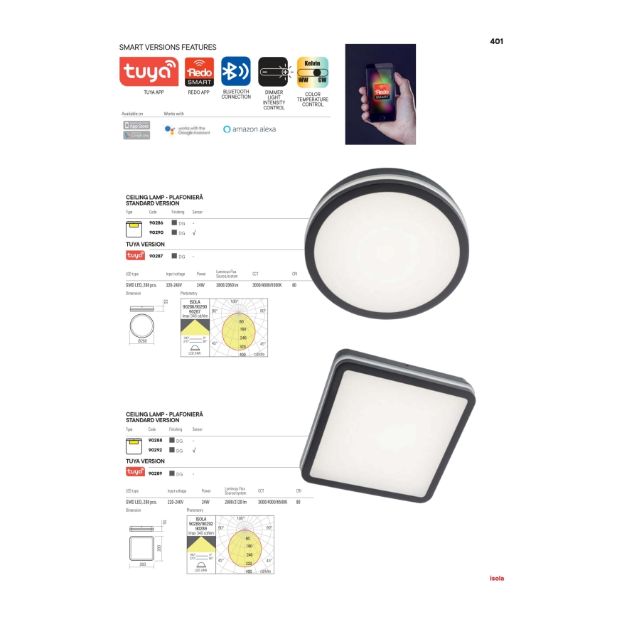 Redo 90290 - LED-ulkokattovalaisin anturilla ISOLA LED/24W/230V halkaisija 26 cm 3000/4000/6500K IP54 antrasiitti