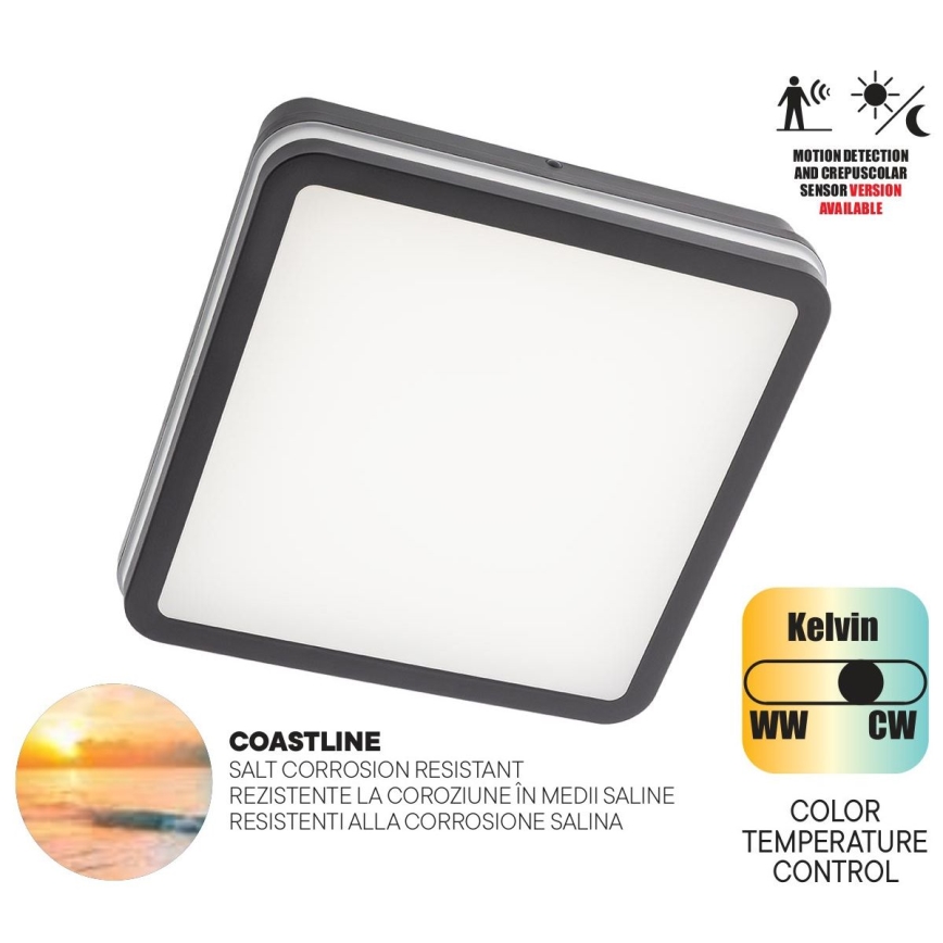 Redo 90292 - LED-ulkokattovalaisin anturilla ISOLA LED/24W/230V 26x26 cm 3000/4000/6500K IP54 antrasiitti