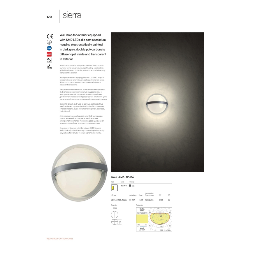 Redo 90364 - LED Ulkoseinävalaisin SIERRA LED/10,8W/230V IP54
