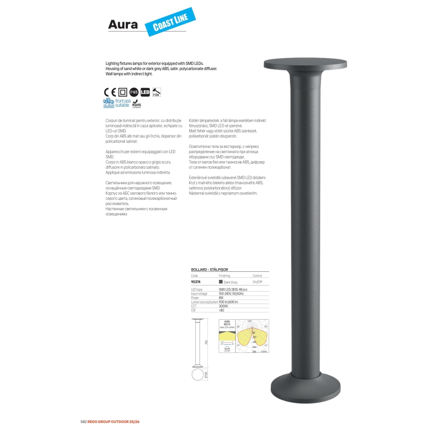 Redo 90374 - AURA LED-ulkovalaisin, 8 W, 230 V, 3000 K, 70 cm, IP65, antrasiitti