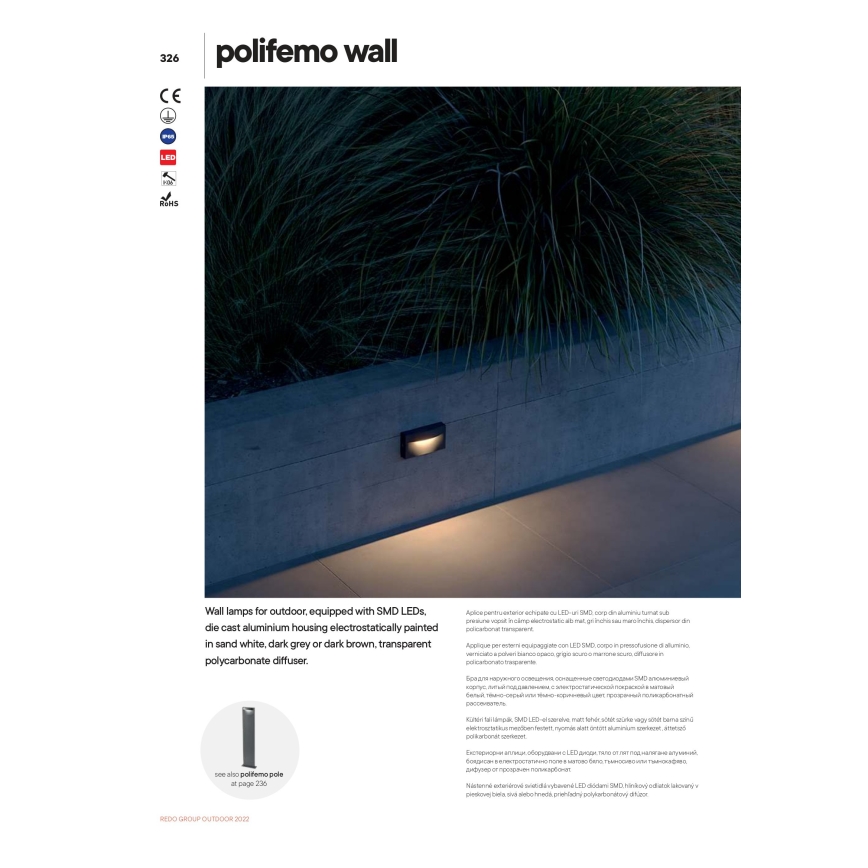 Redo 90426 - LED-ulkoseinävalaisin POLIFEMO LED/8W/230V IP65 antrasiitti