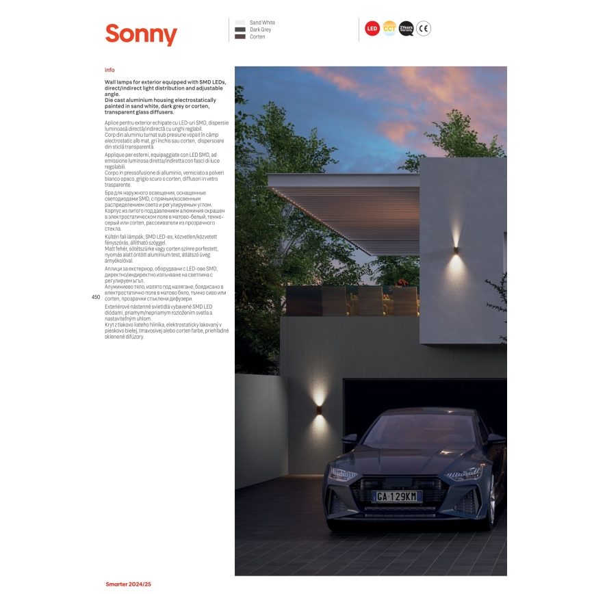 Redo 90635 - LED-ulkoseinävalaisin SONNY 2xLED/5W/230V 2200/3000/4000K IP54 valkoinen