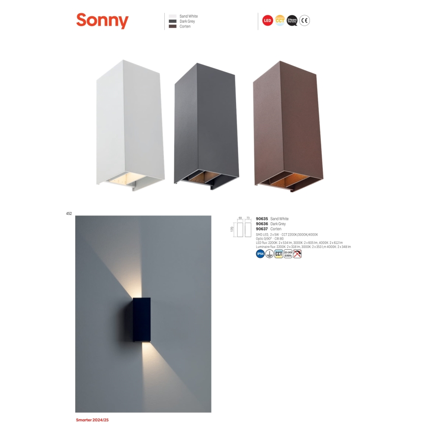 Redo 90637 - LED-ulkoseinävalaisin SONNY 2xLED/5W/230V 2200/3000/4000K IP54 ruskea