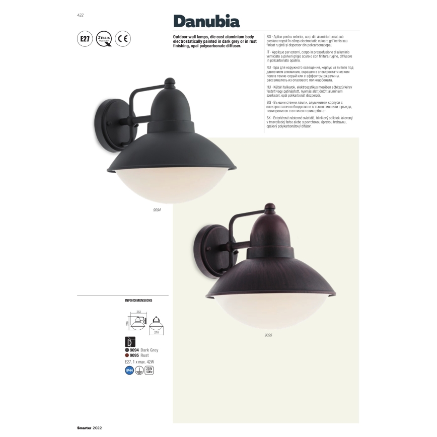 Redo 9095 - Ulkoseinävalaisin DANUBIA 1xE27/42W/230V IP44