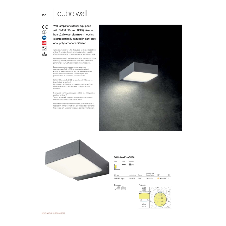 Redo 9560 - LED-ulkoseinävalaisin CUBE LED/7W/230V 3000K IP54 antrasiitti