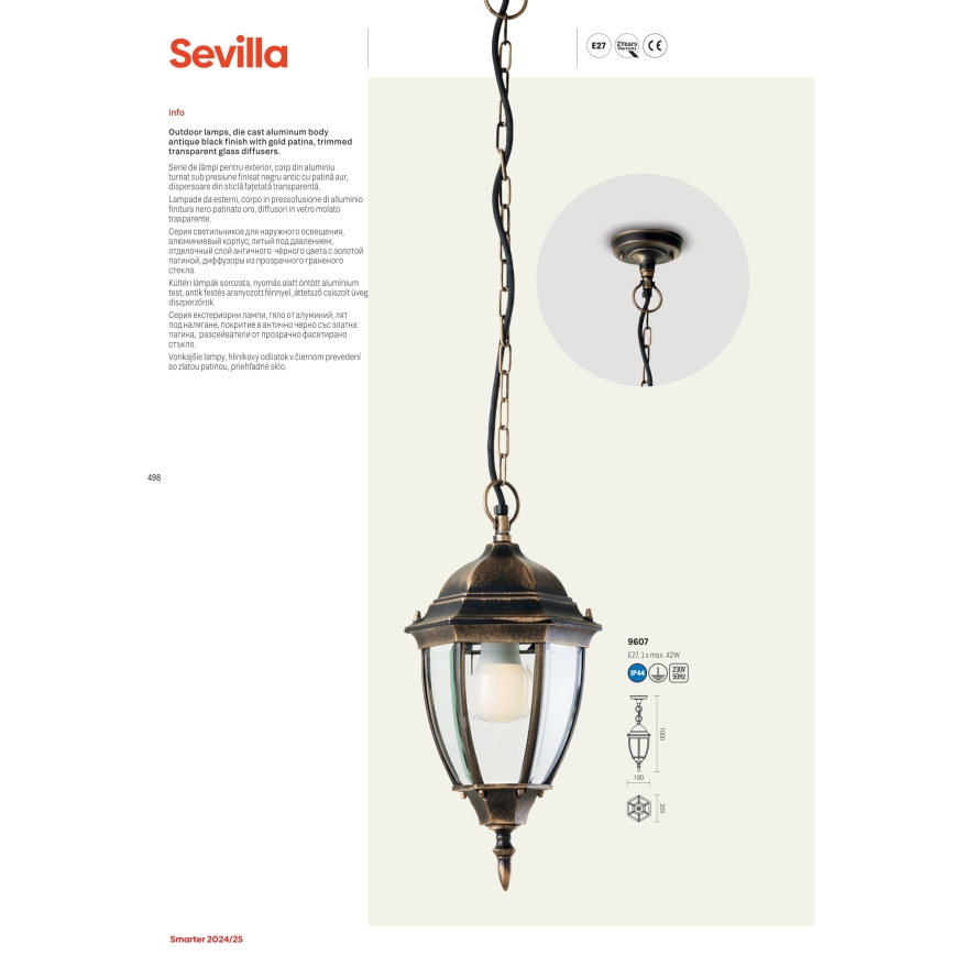 Redo 9604 - Ulkoseinävalaisin SEVILLA 1xE27/42W/230V IP44 kulta/patina