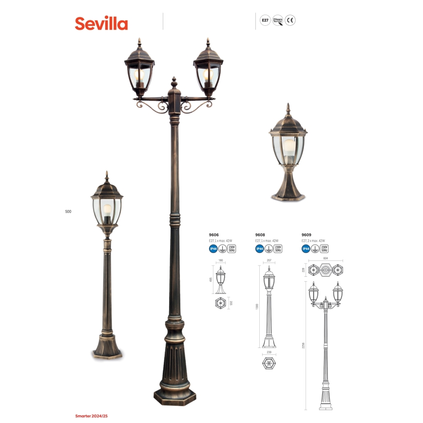 Redo 9606 - Ulkovalaisin SEVILLA 1xE27/42W/230V IP44 kulta/patina