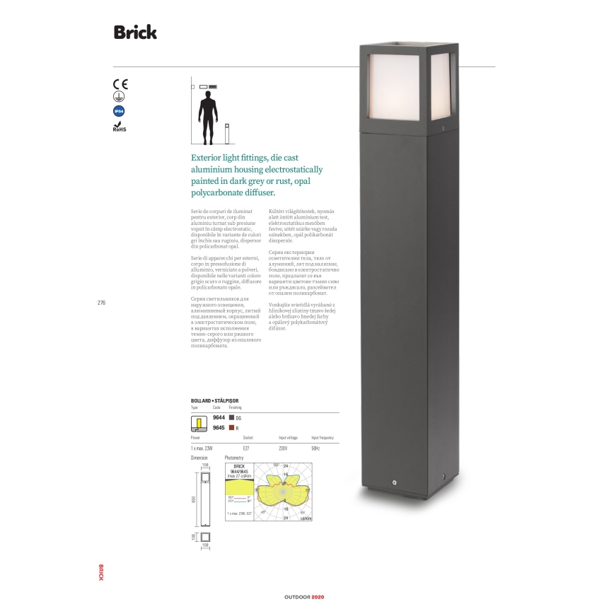 Redo 9644 - Ulkovalaisin BRICK 1xE27/23W/230V IP54
