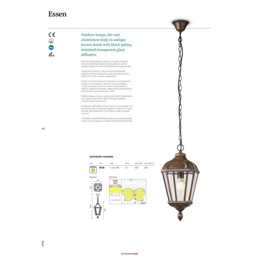 Redo 9662 - Ulkovalaisin ESSEN 1xE27/70W/230V 221,5 cm IP44 ruskea/patina