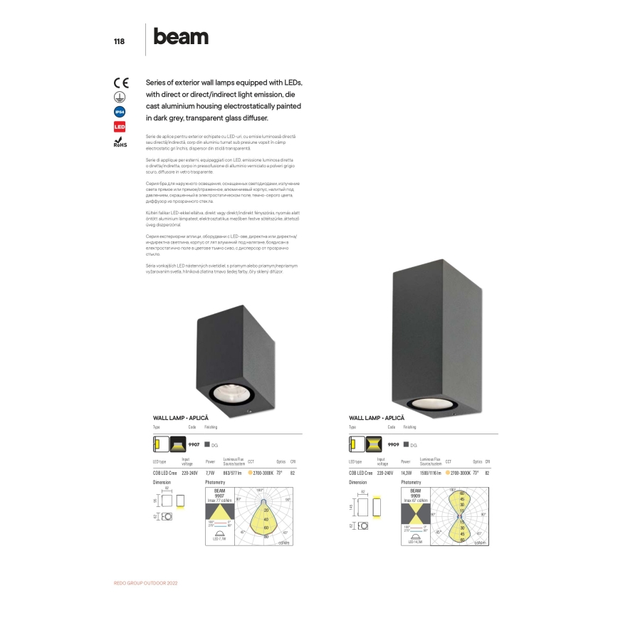 Redo 9907 - LED-ulkoseinävalaisin BEAM LED/5W/230V IP54