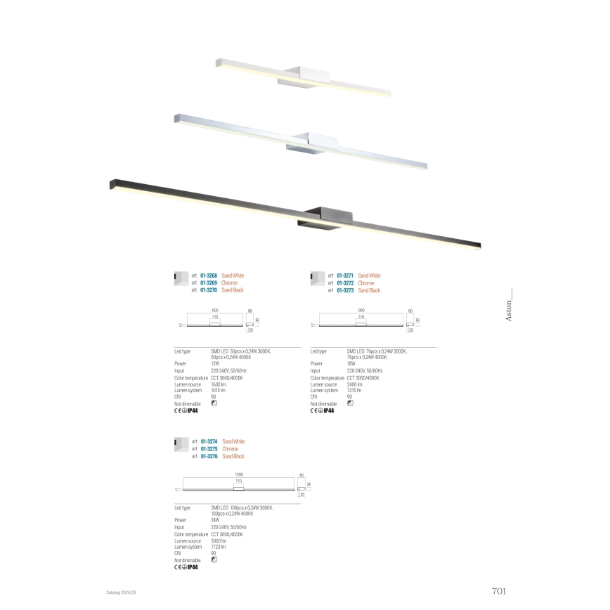 Redo01-3269 - Kylpyhuoneen LED-peilivalo ASTON LED/12W/230V 60 cm CRI 90 IP44 kiiltävä kromi