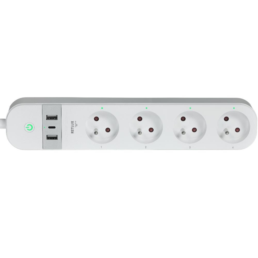 Älykäs jatko kaapeli kytkimellä 4Z Tyyppi E + 2x USB-A + 1x USB-C 1,5m Wi-Fi Tuya valkoinen