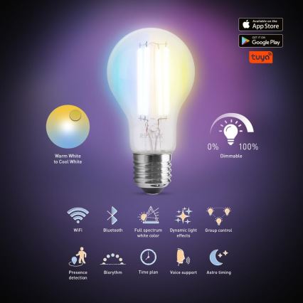 Himmennettävä LED-polttimo FILAMENT A60 E27/7W/230V 2700-6500K Wi-Fi Tuya