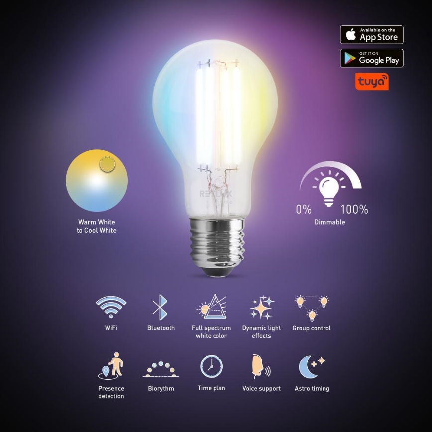 Himmennettävä LED-polttimo FILAMENT A60 E27/7W/230V 2700-6500K Wi-Fi Tuya
