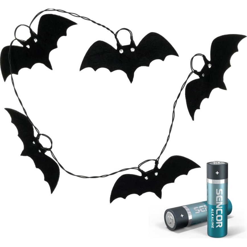 LED-koristeketju HALLOWEEN 10xLED/2xAA/lämpimänvalkoinen 1,3m lepakoita