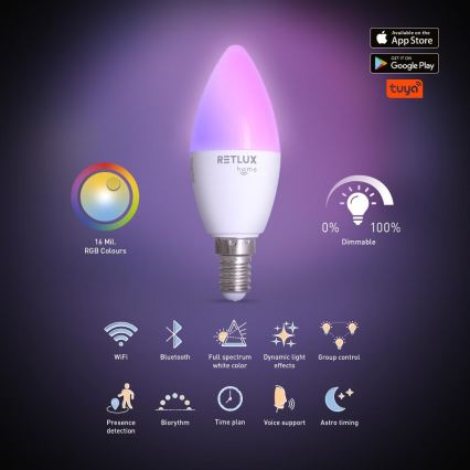 LED RGBW Himmennettävä polttimo C37 E14/4,5W/230V 2700-6500K Wi-Fi Tuya
