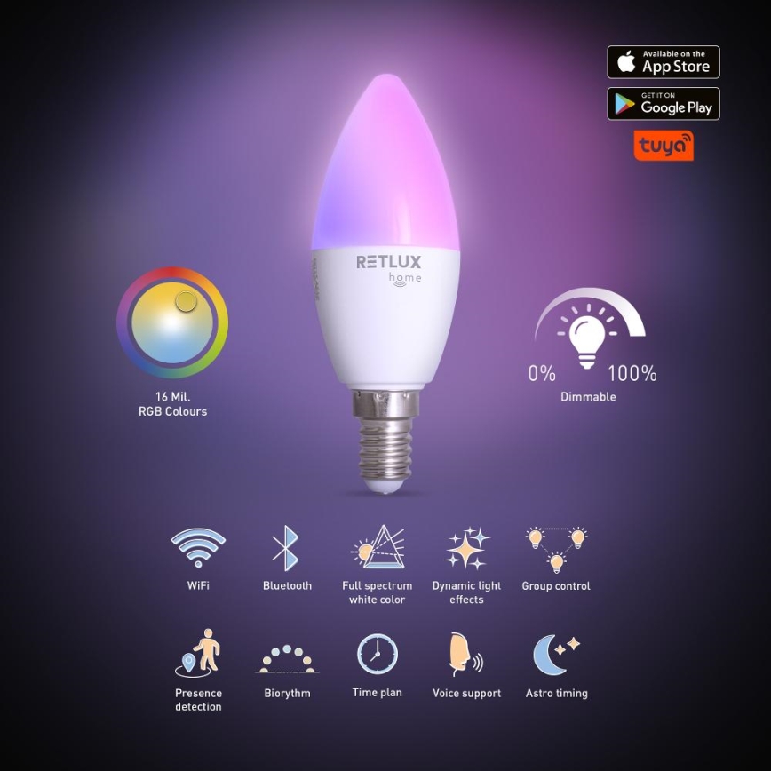 LED RGBW Himmennettävä polttimo C37 E14/4,5W/230V 2700-6500K Wi-Fi Tuya