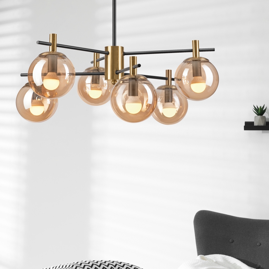 Riippukattokruunu LILOU 6xE14/5W/230V kulta/musta/savuinen beige