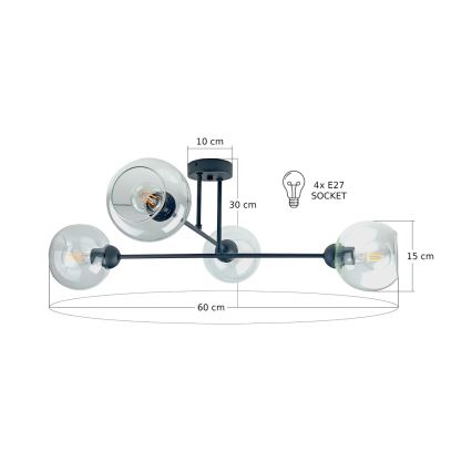 Riippukattokruunu VASCO 4xE27/60W/230V musta/läpinäkyvä