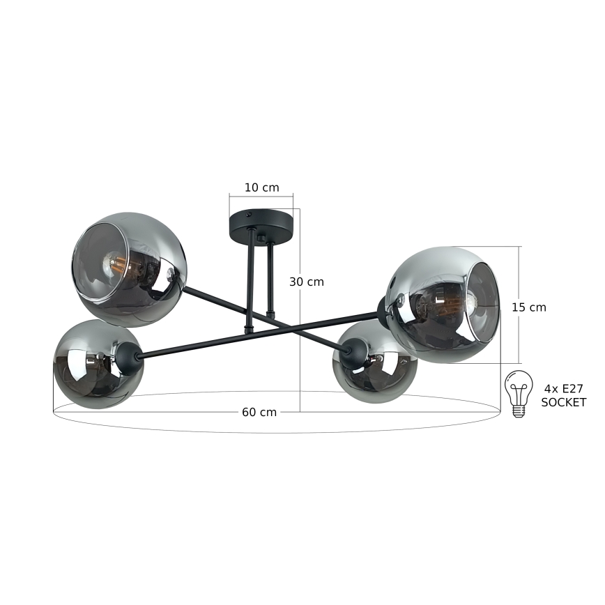 Riippukattokruunu VASCO 4xE27/60W/230V musta/savuinen musta